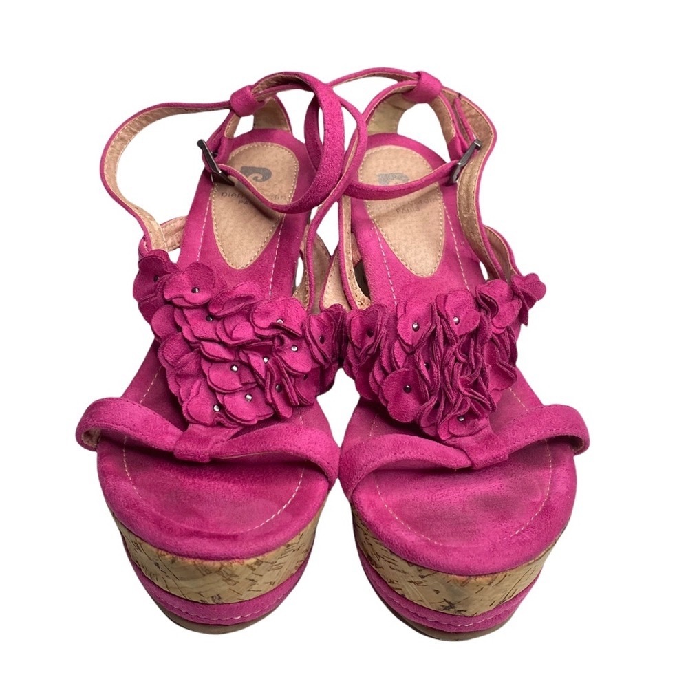 Vintage: Pierre Cardin ♚ Suede Floral Embellish Platform Wedge Sandals ♚ Magenta - Picture 9 of 16